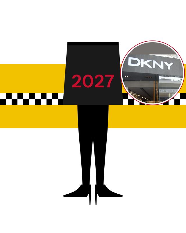 Illustration: legs in opaque black tights and black pumps under a black coat marked 2027 in red, against a yellow New York taxi stripe with a checkerboard, with a photo of a DKNY store sign