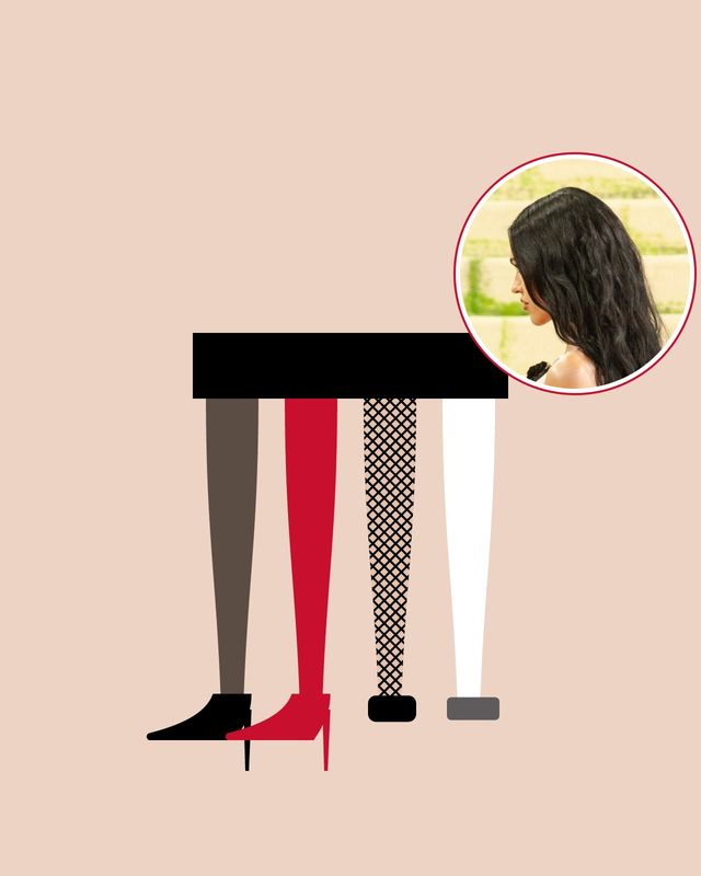 Illustration: four legs under a black hem, in sheer black, opaque red, fishnet and opaque white tights, with pointed pumps, a loafer and a platform, on a nude background, with a photo of Amelia Gray in the circle, with una foto di Amelia Gray in the circle