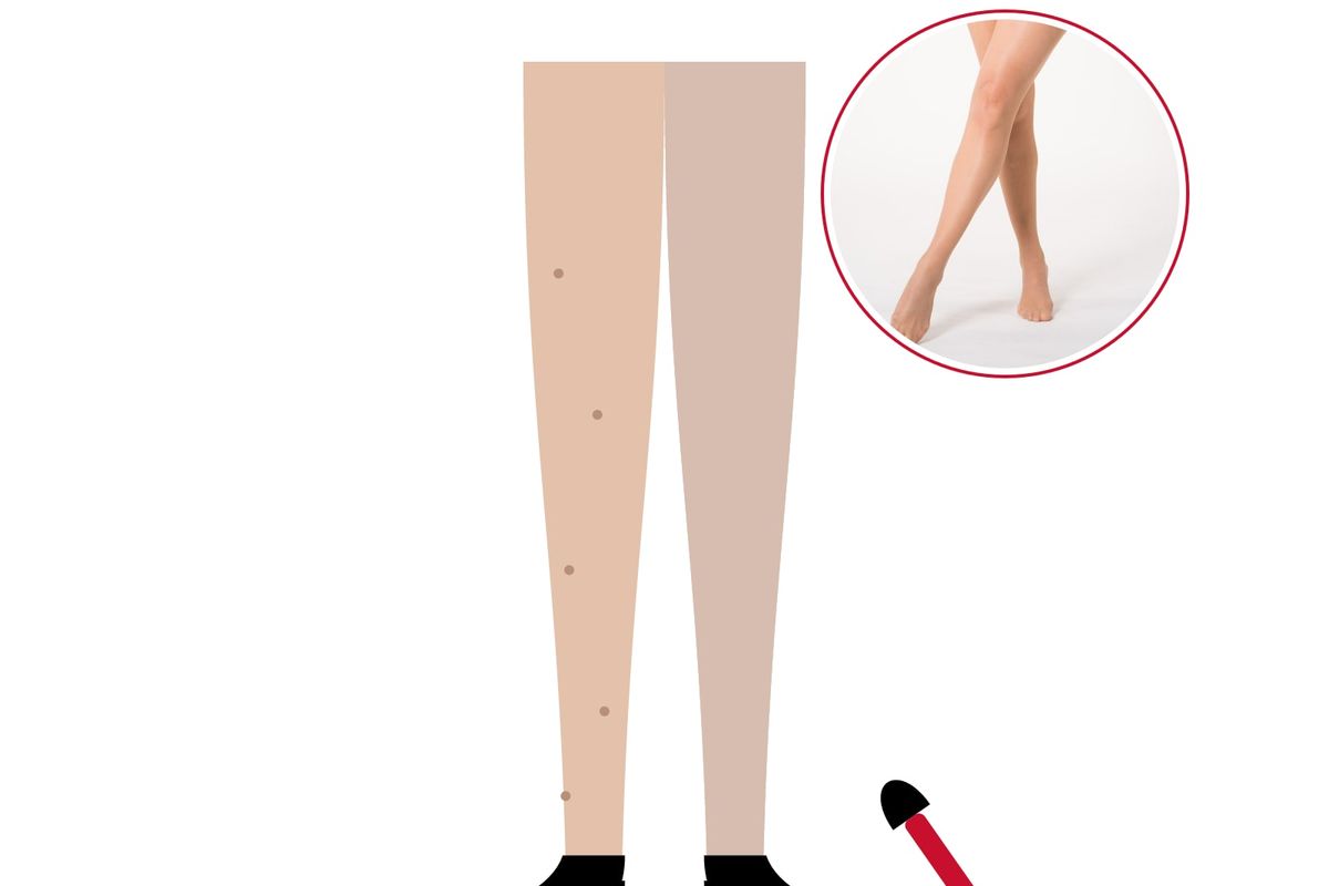 Illustration: two stylised legs, one bare with a few moles and one evenly sheer, with a red make-up brush, with a photo of legs in skin-tone sheer tights