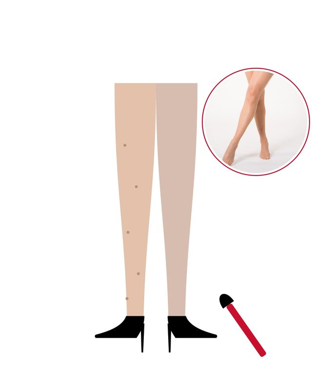 Illustration: two stylised legs, one bare with a few moles and one evenly sheer, with a red make-up brush, with a photo of legs in skin-tone sheer tights