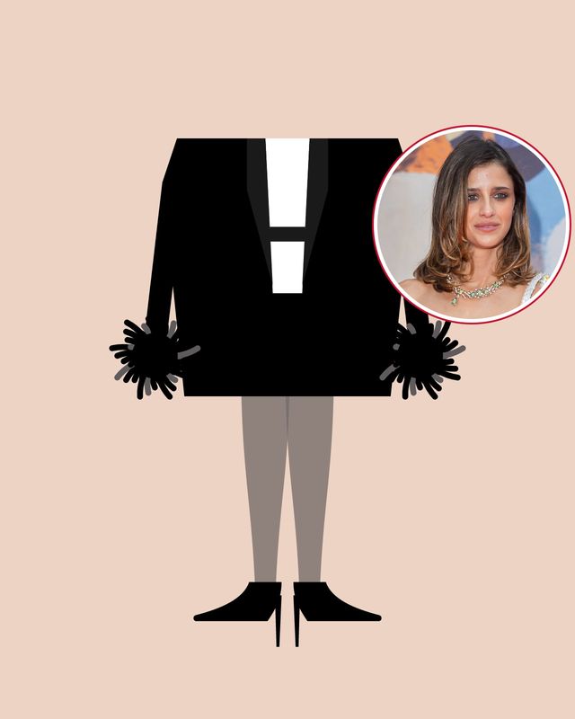 Illustration: legs in sheer grey tights and pointed black pumps under an oversized black blazer with feather cuffs and a white shirt, on a nude background, with a photo of Benedetta Porcaroli in the circle