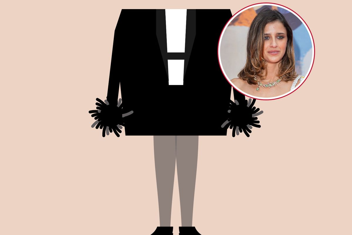 Illustration: legs in sheer grey tights and pointed black pumps under an oversized black blazer with feather cuffs and a white shirt, on a nude background, with a photo of Benedetta Porcaroli in the circle