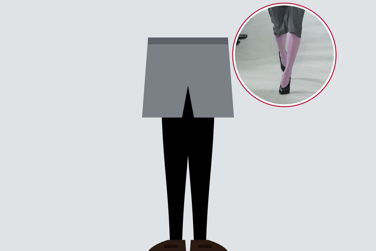 Illustration: grey tailored shorts over opaque black tights and brown loafers, and a runway photo of lilac tights under a suit with shorts