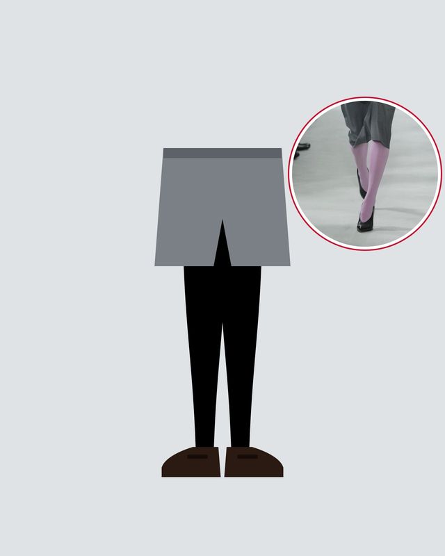 Illustration: grey tailored shorts over opaque black tights and brown loafers, and a runway photo of lilac tights under a suit with shorts