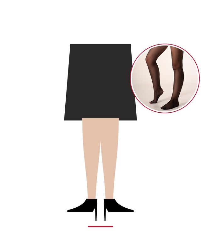 Illustration: dark skirt, legs in sheer nude tights and black pumps, with a photo of legs in sheer black tights