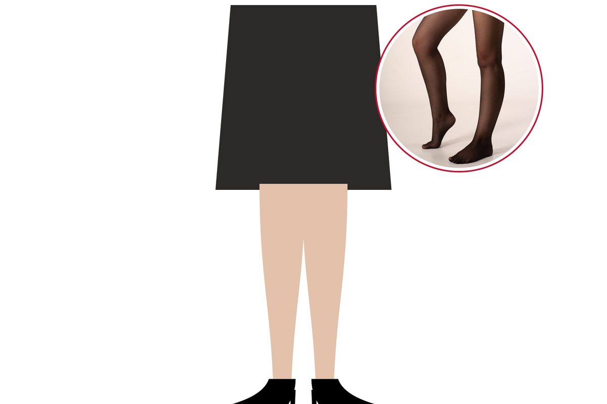 Illustrazione: gonna scura, gambe in collant velati color pelle e décolleté nere, con la foto di gambe in collant velati neri