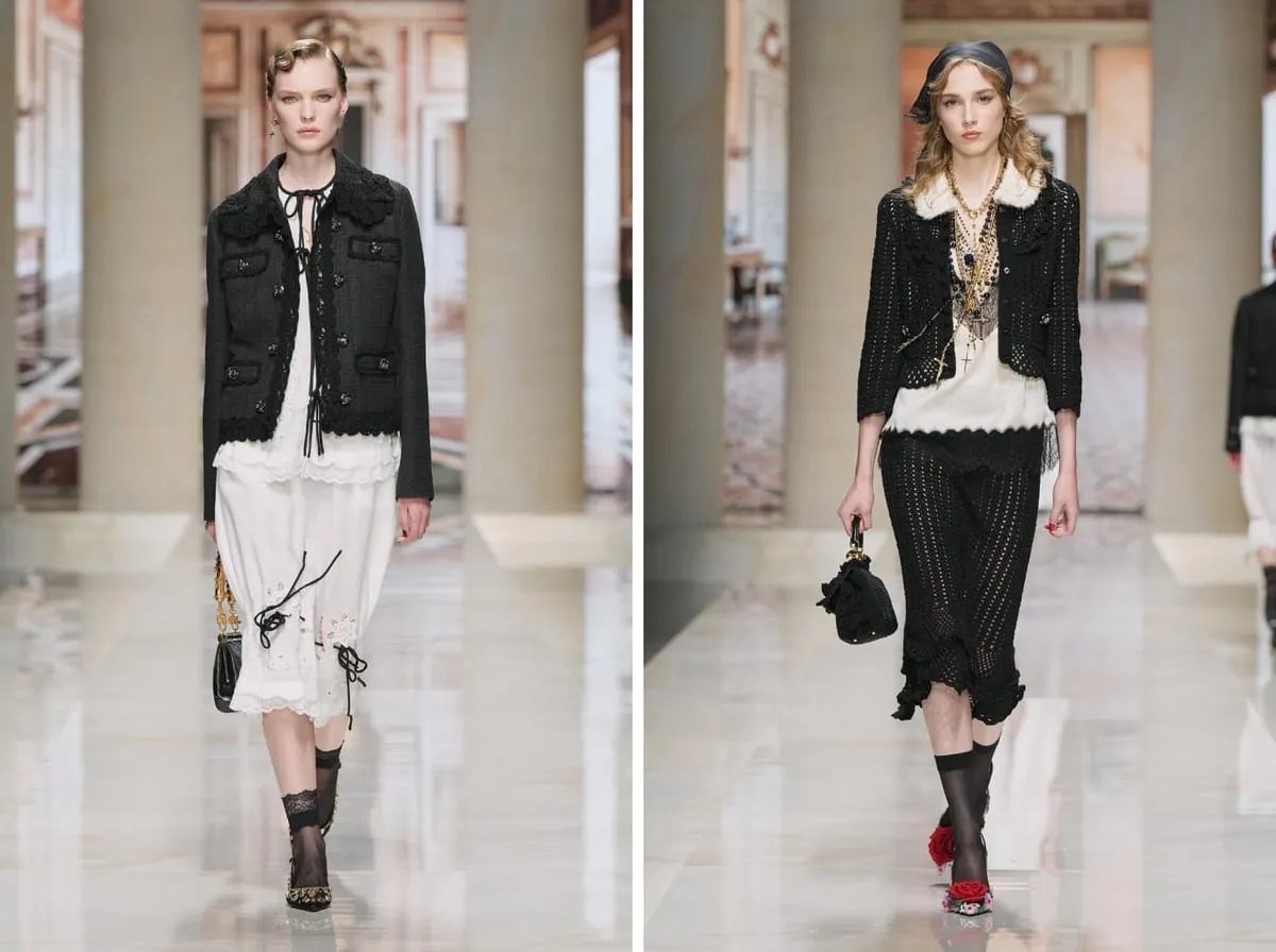 Dolce&Gabbana spring/summer 2027: a sheer black ankle sock with a lace edge and a jewelled shoe; a sheer black knee-high with a sandal decorated with a red rose