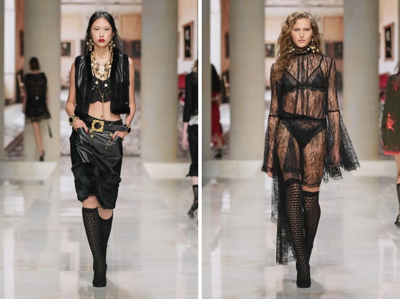 Dolce&Gabbana primavera/estate 2027: gambaletti traforati con gilet e shorts di pelle; calze traforate sopra il ginocchio sotto la tunica di pizzo