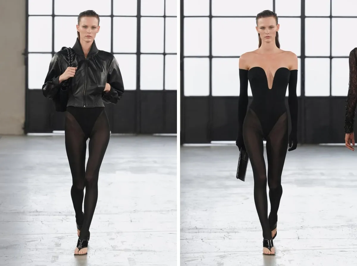 Elisabetta Franchi spring/summer 2027: sheer black hosiery down to the foot inside black thong sandals, with a leather bomber and with a strapless black bodysuit and long gloves