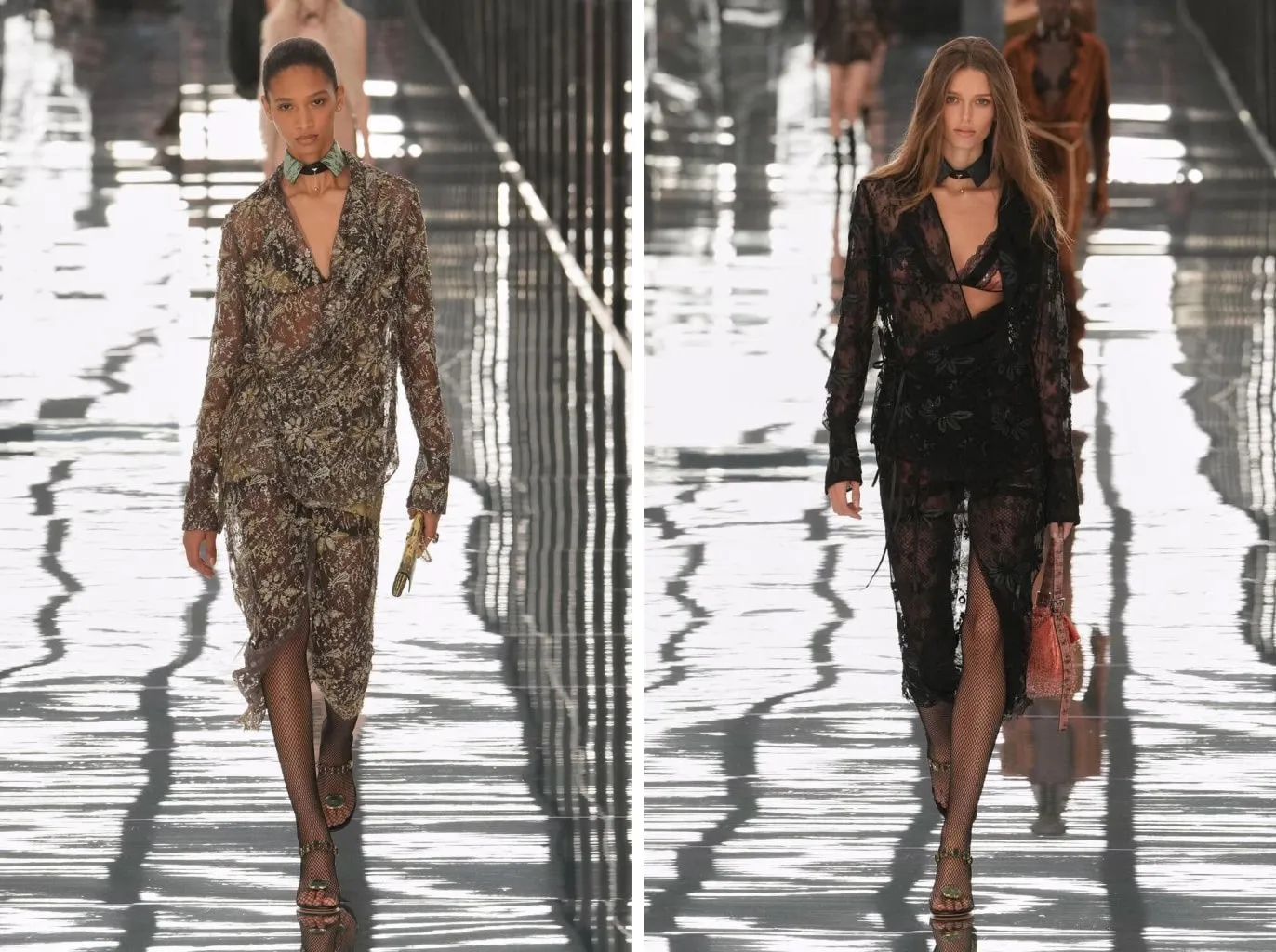 Fendi primavera/estate 2027: rete con gonna broccata e sandalo e sotto l’abito di pizzo nero