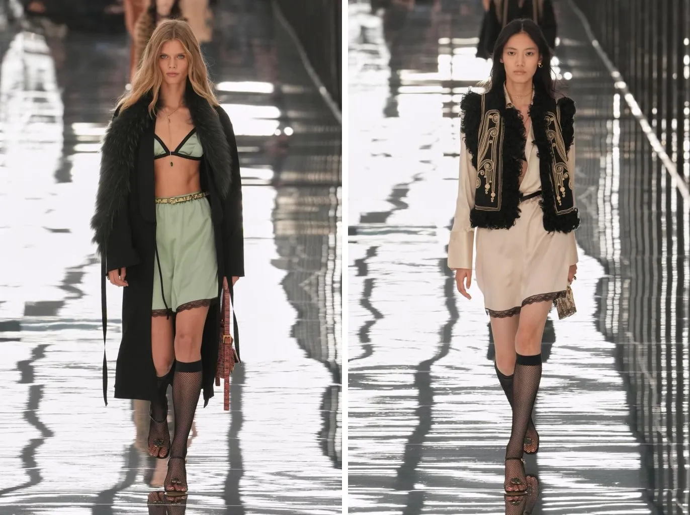 Fendi primavera/estate 2027: gambaletti a rete con sandalo gioiello sotto la sottoveste verde menta e sotto quella bianca di pizzo