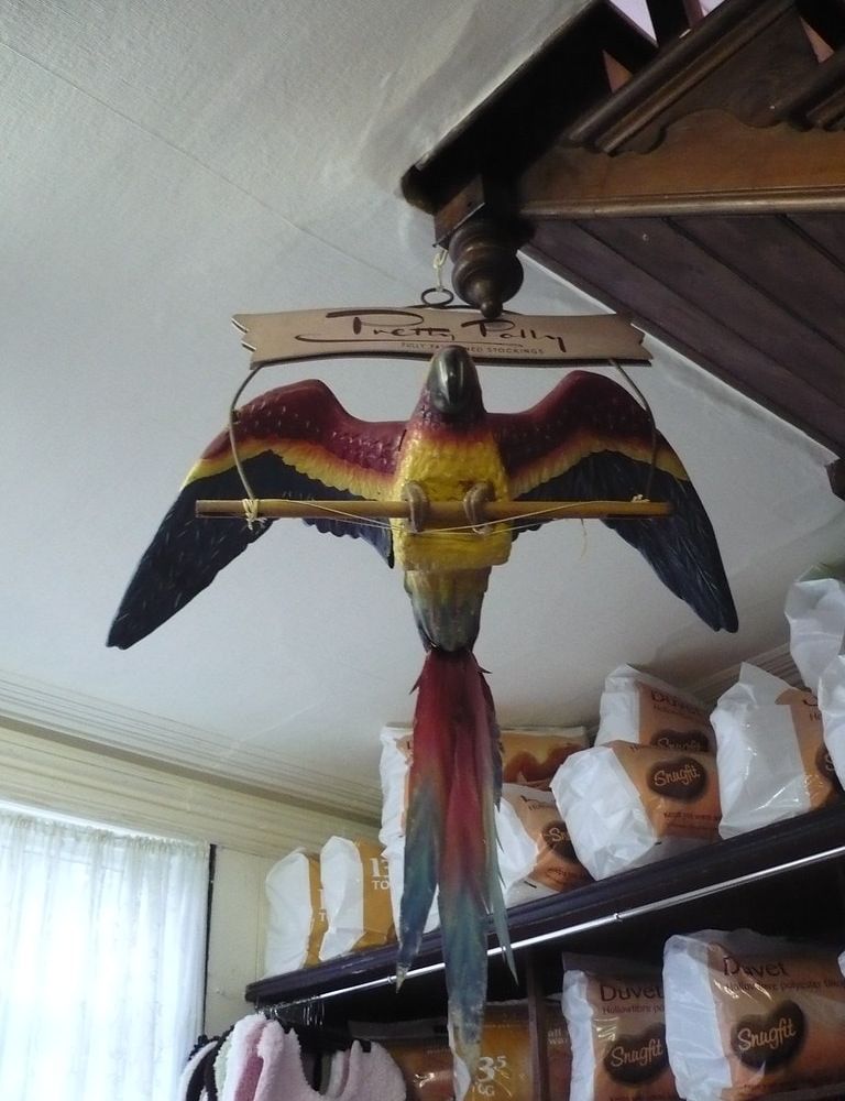 Pretty Polly shop display hanging from a ceiling: a red, yellow and blue parrot with open wings under a wooden sign reading Pretty Polly