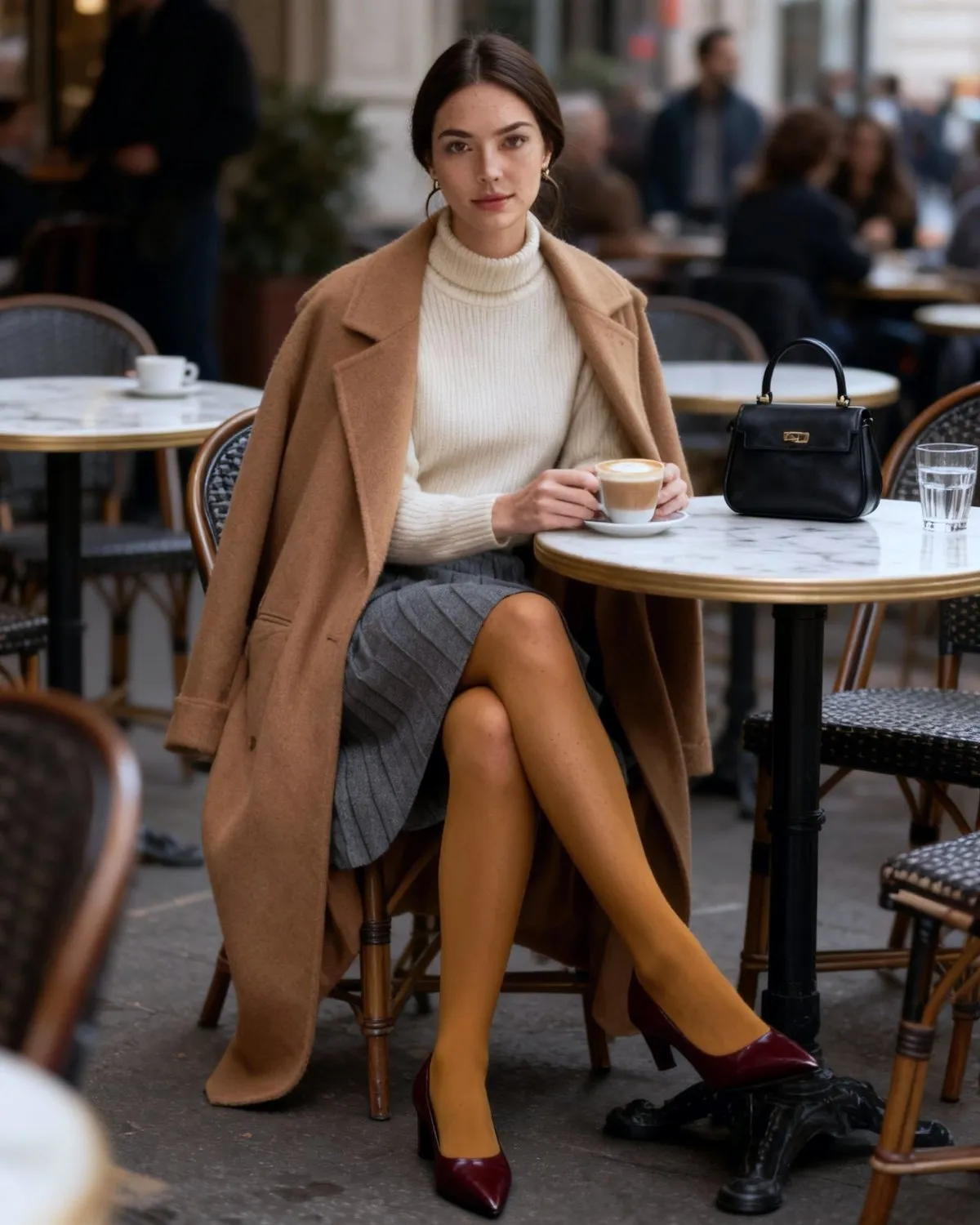 Ava seated at a café table in a camel coat, cream turtleneck, grey pleated skirt, mustard tights and burgundy pumps, holding a cappuccino