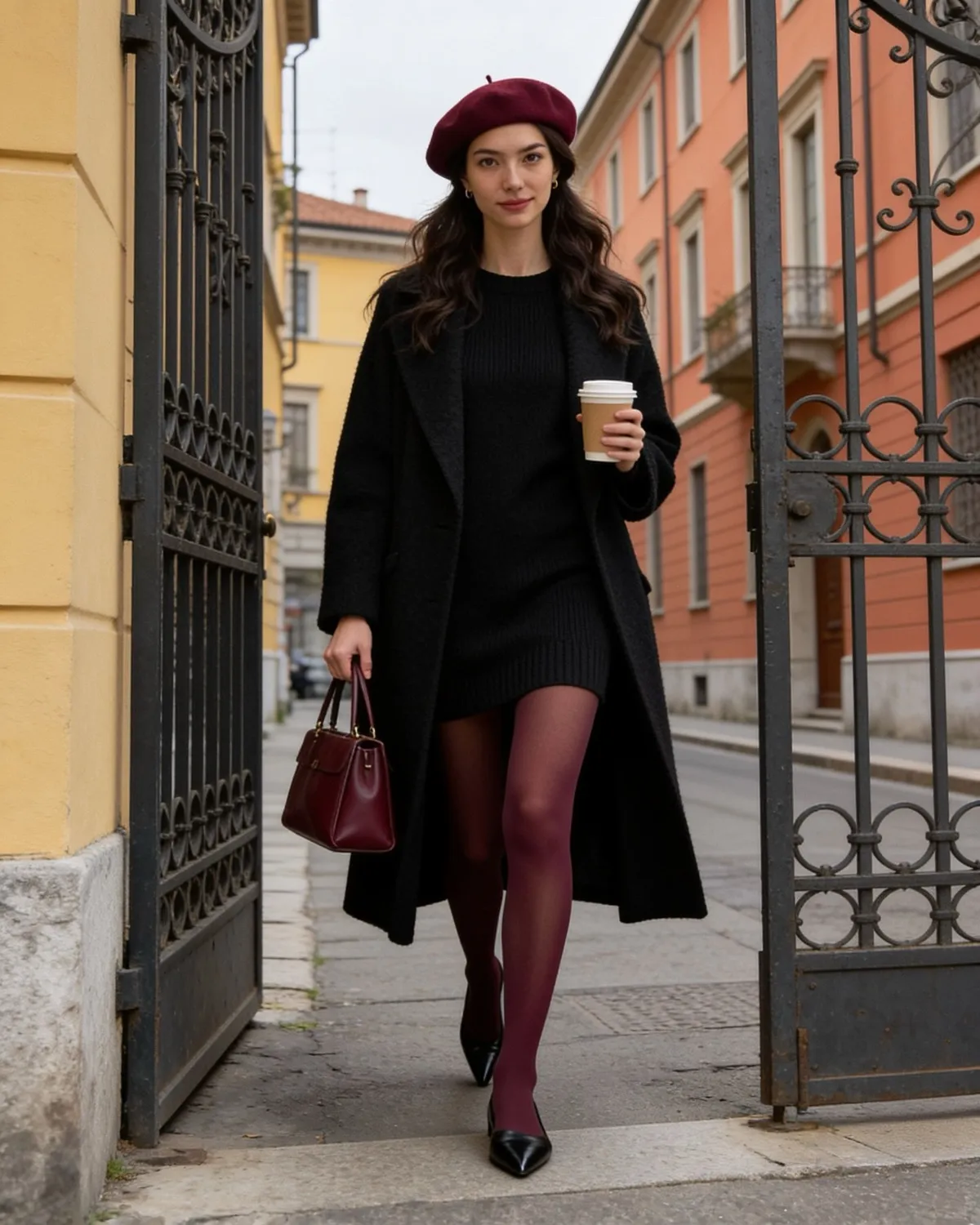Ava walking past a wrought-iron gate in a long black coat, black knit dress, burgundy beret, burgundy top-handle bag, burgundy tights and black loafers, with a takeaway coffee