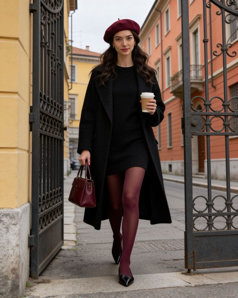 Ava, modella generata con IA, cammina davanti a un cancello di ferro battuto con cappotto nero lungo, abito di maglia nero, basco e borsa bordeaux, collant bordeaux e mocassini neri, con un caffè da asporto
