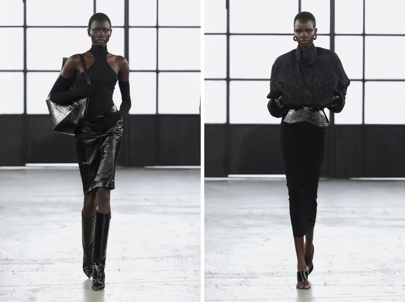 Elisabetta Franchi Spring/Summer 2027: sheer black with a black leather skirt and tall boots, and with a ruched black dress and sandal