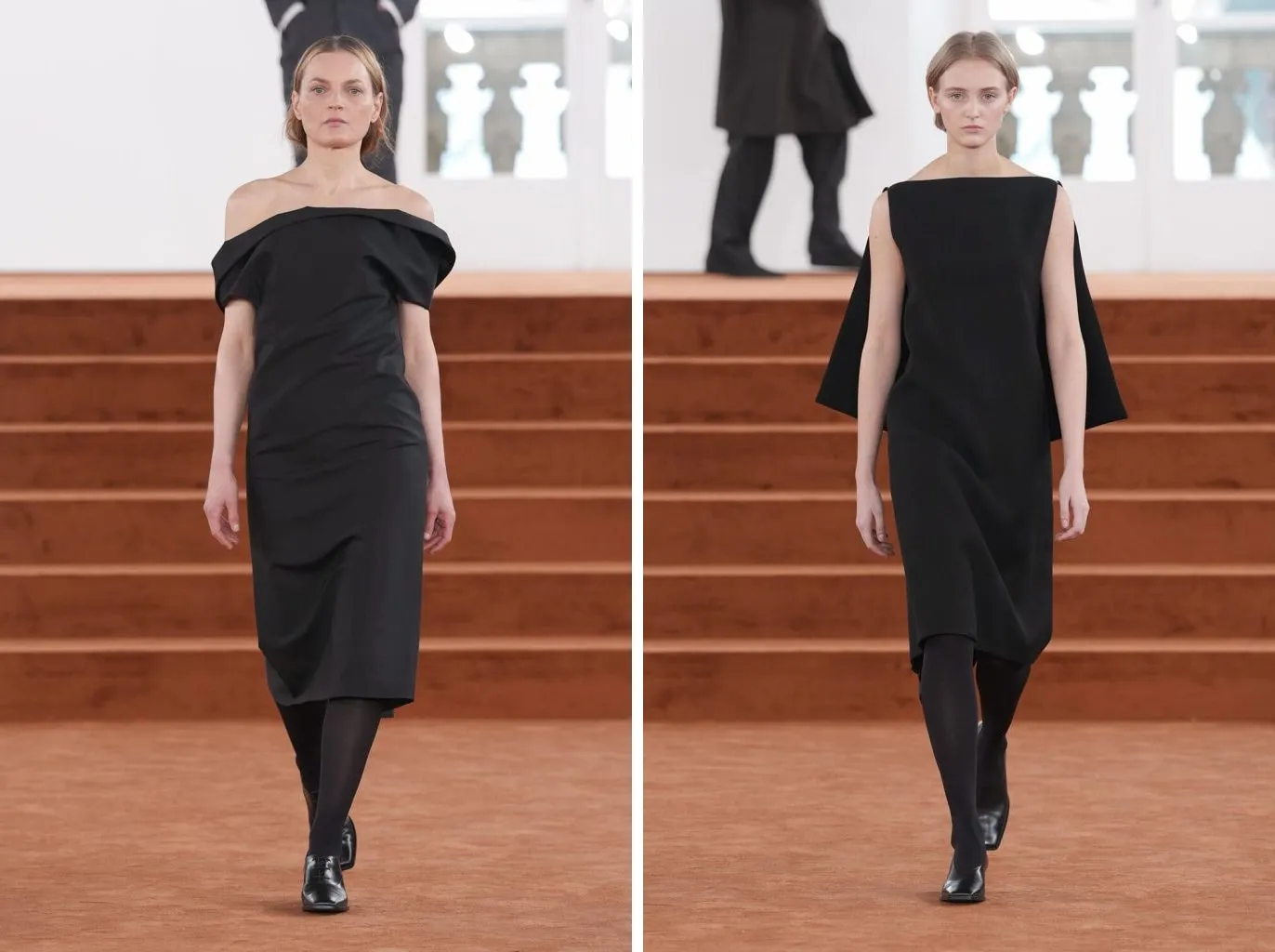 Jil Sander Fall/Winter 2026: black pencil skirt with matte tights and loafers; long black dress with opaque tights and a flat shoe