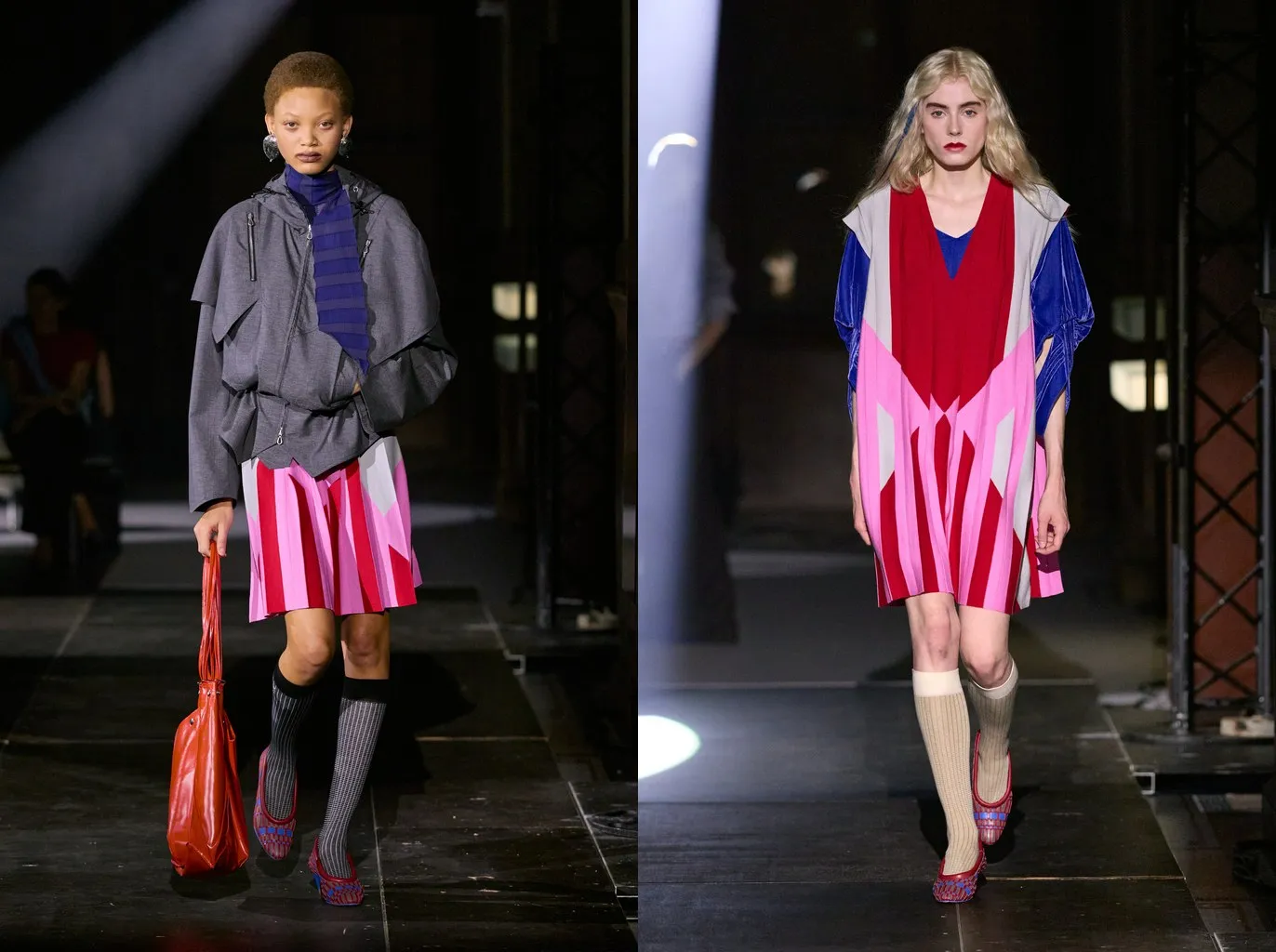 Looks 24 and 31: knee socks with woven pumps, grey with a black cuff and beige with a cream cuff