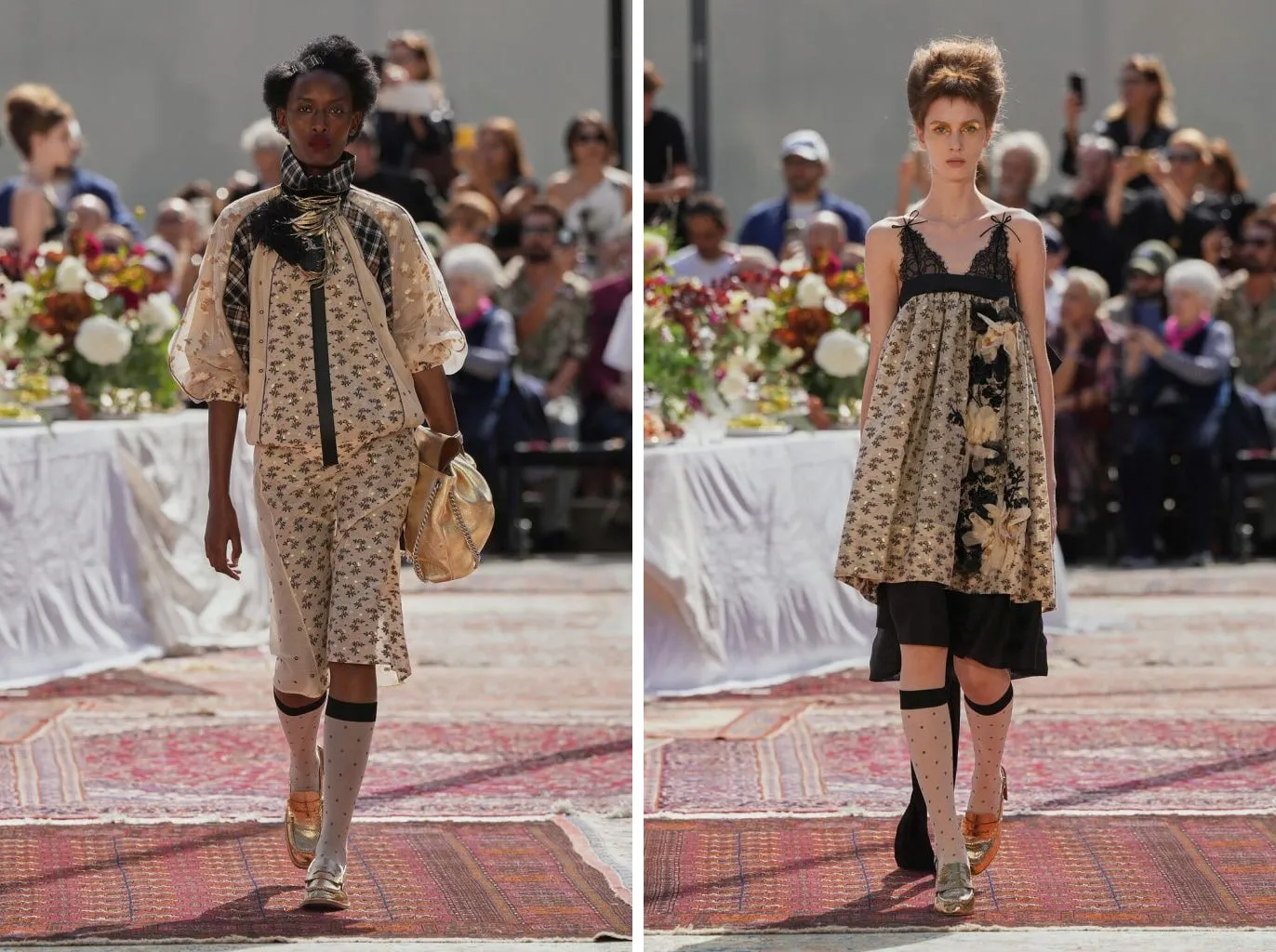 Looks 2 and 3 from the Antonio Marras spring/summer 2027 show: sheer white polka dot knee-highs with a black band below the knee and gold loafers