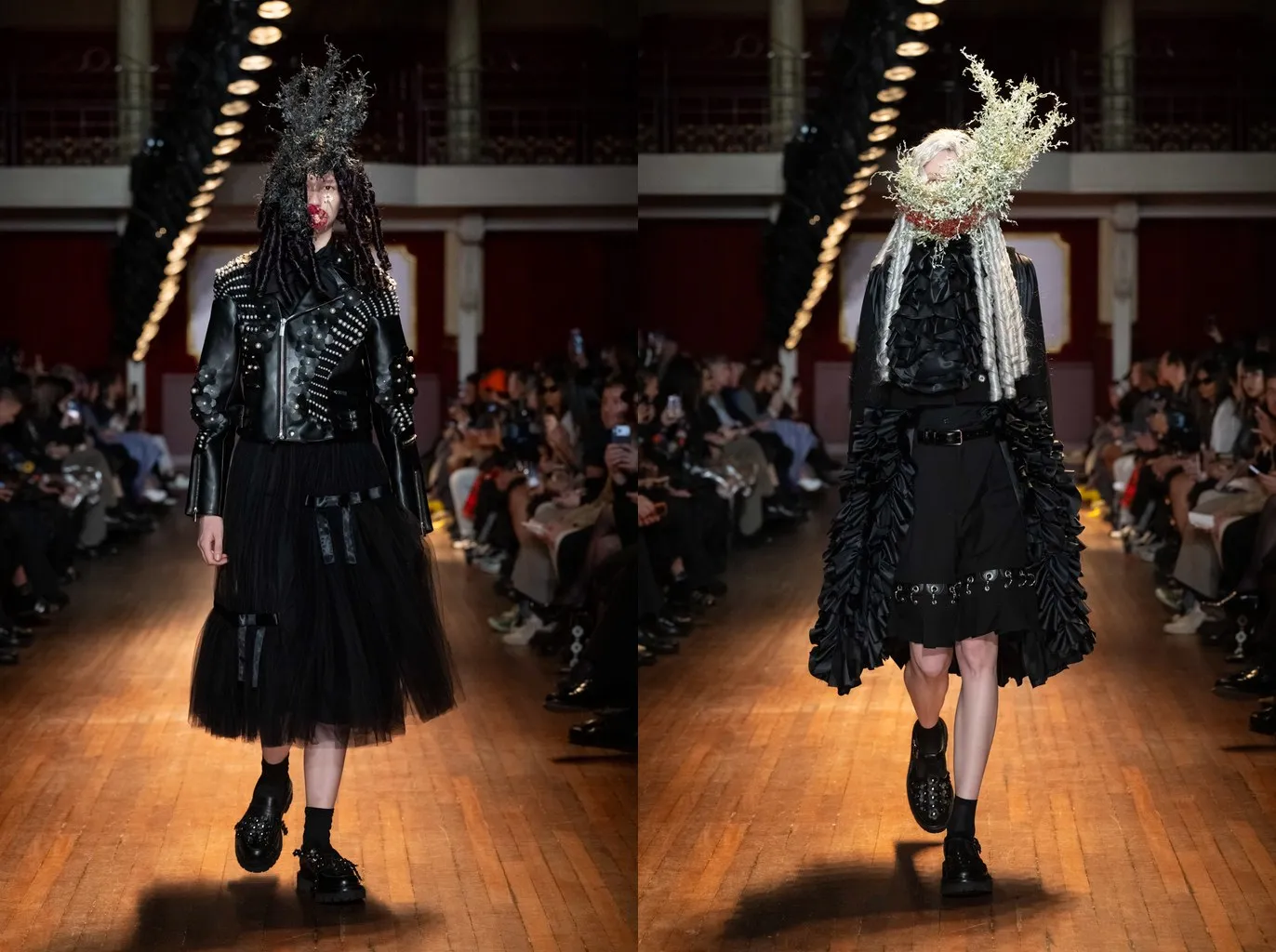 Uscite 3 e 13 della sfilata Noir Kei Ninomiya primavera/estate 2027: calzini neri corti con scarpe nere borchiate sotto gonne nere di tulle e con le balze