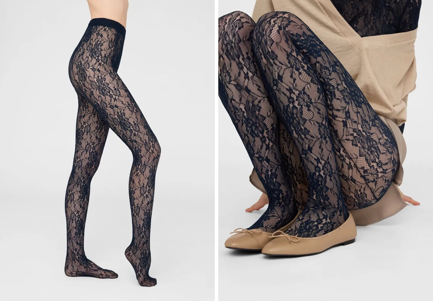 Navy floral lace tights with beige ballet flats, Calzedonia Floral Lace