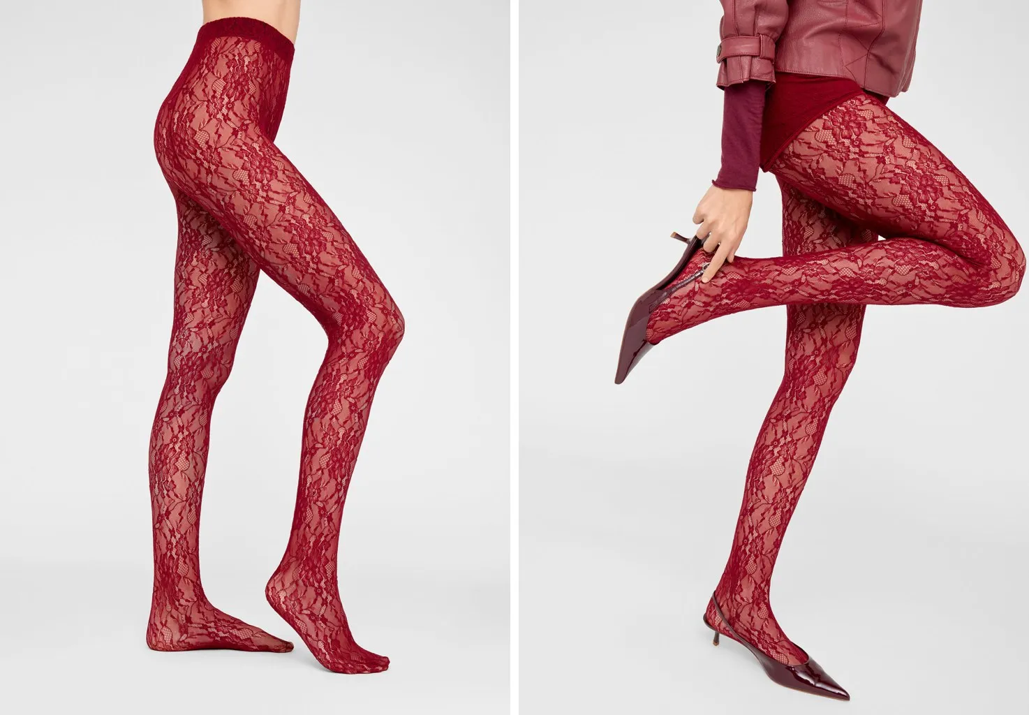 Collant di pizzo a fiori rosso scuro con décolleté di vernice bordeaux, e lo stesso collant in piedi su fondo bianco