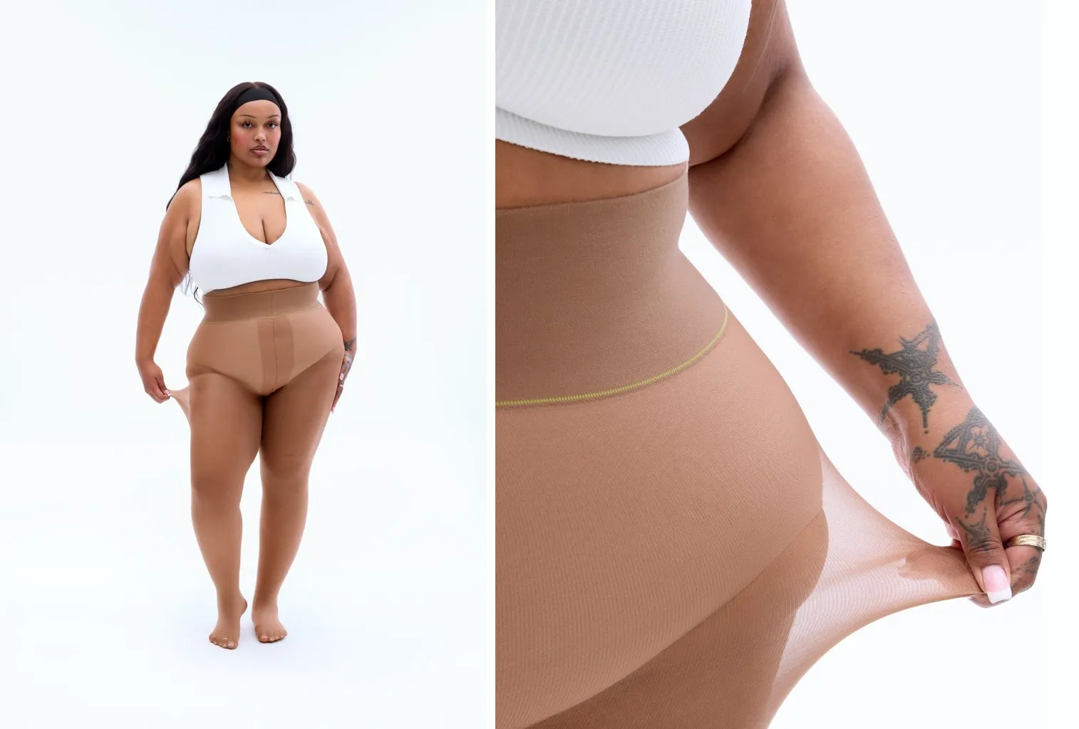 Model in Sheertex nude tights in the shade Cappuccino, and a close-up of the high waistband