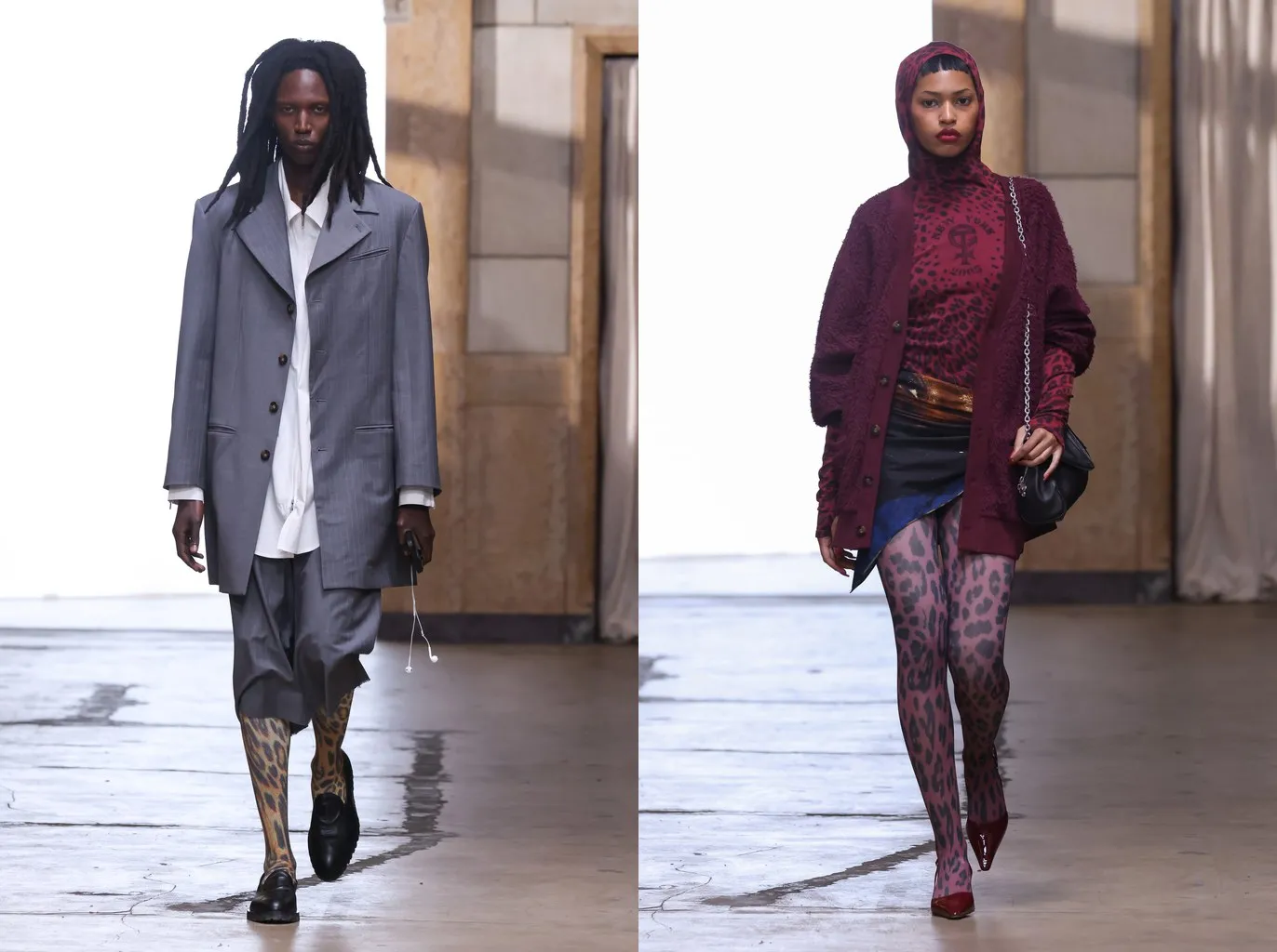 Collant leopardati con mocassini neri sotto bermuda grigi e collant bordeaux con décolleté rosse, Telfar primavera/estate 2027