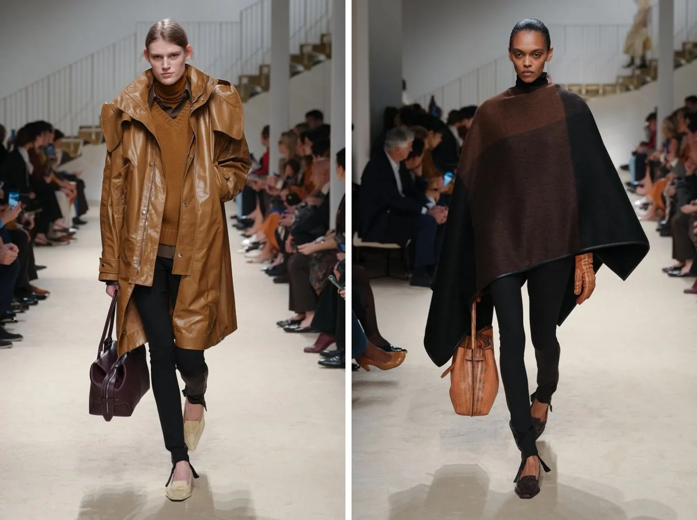 Tod's autunno/inverno 2026: leggings nero con staffa spaccato all'orlo su una ballerina crema, sotto un cappotto di pelle cognac; lo stesso leggings con una mantella marrone e nera