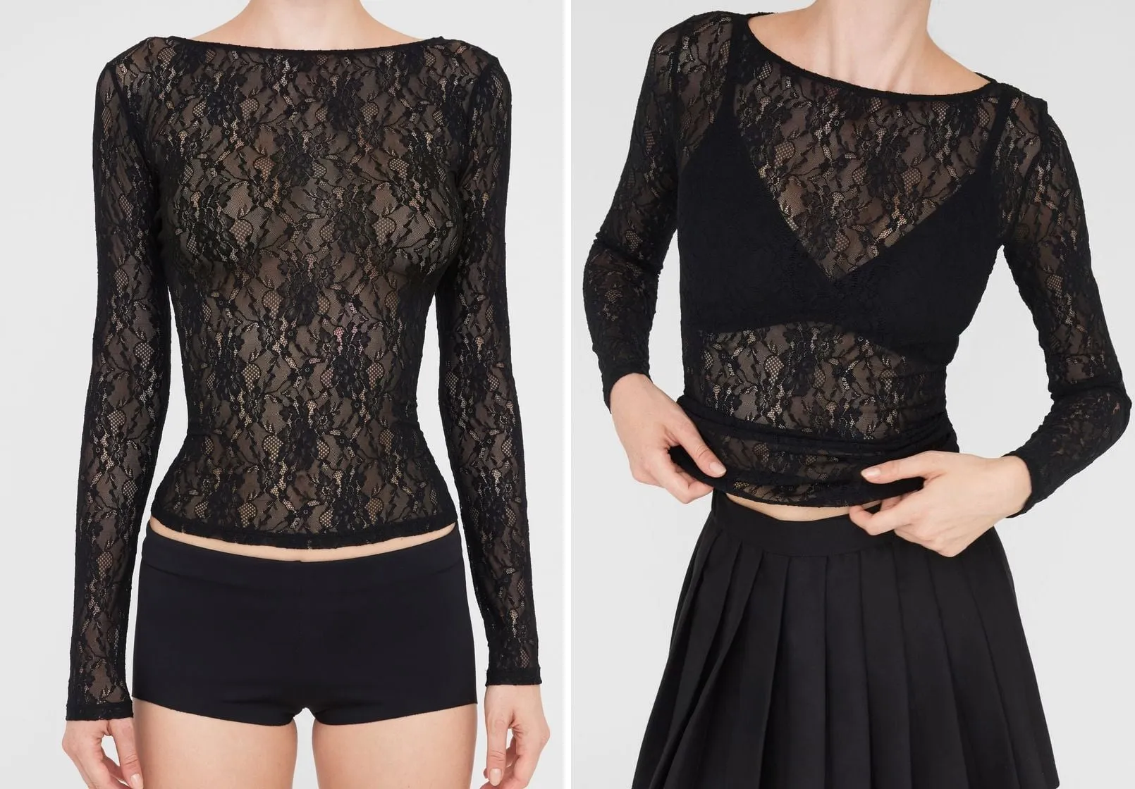 The black Lace Top worn with black briefs, and the same top over a black bra with a pleated skirt