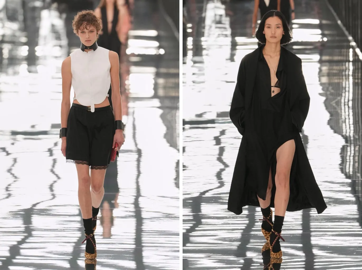 Ribbed black socks with leopard lace-up stiletto sandals, with the white top and black shorts and with the black slit dress