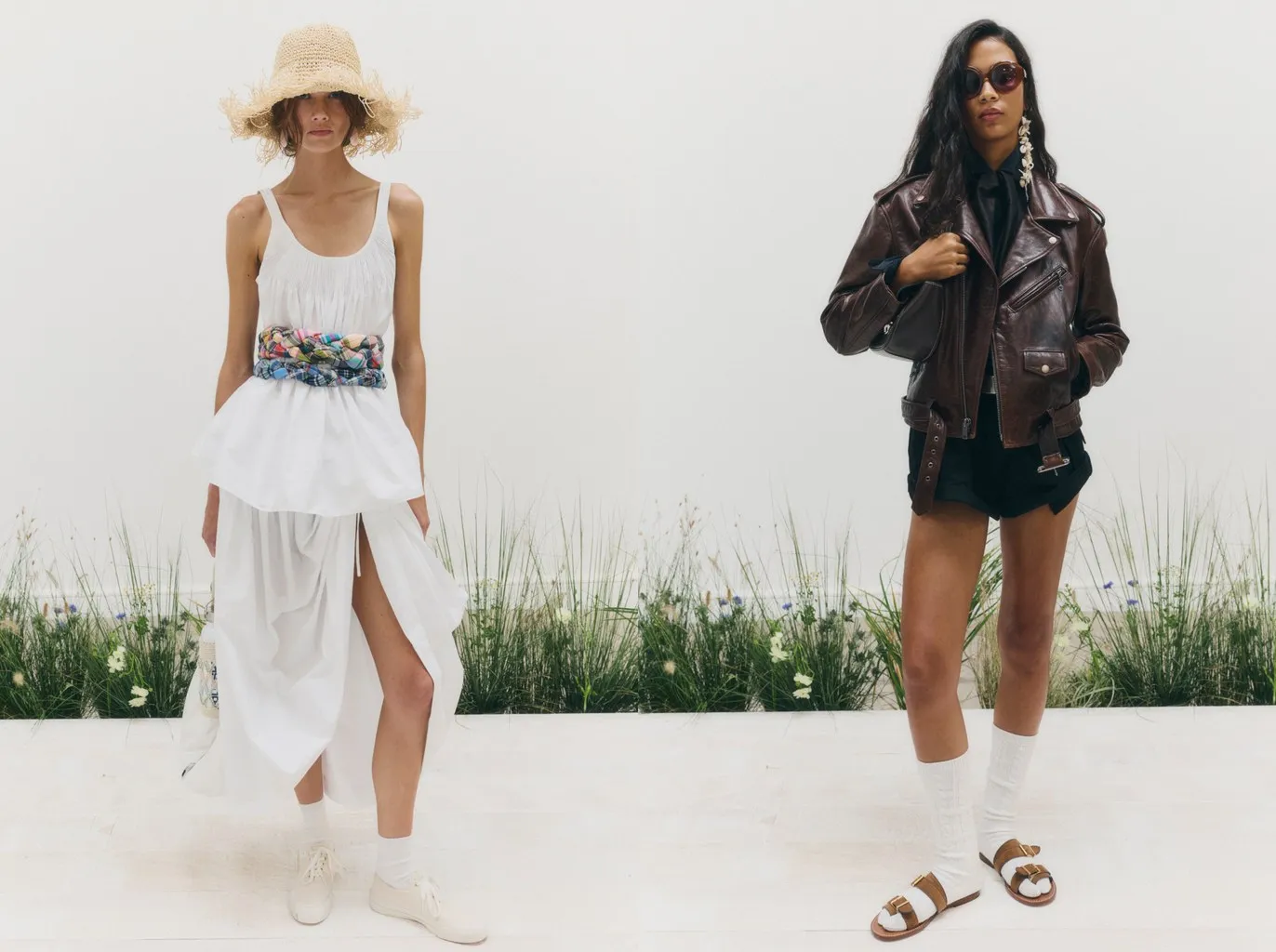 Looks 1 and 13: white socks with white canvas shoes under a tiered white dress, and white ribbed socks with leather sandals under black shorts