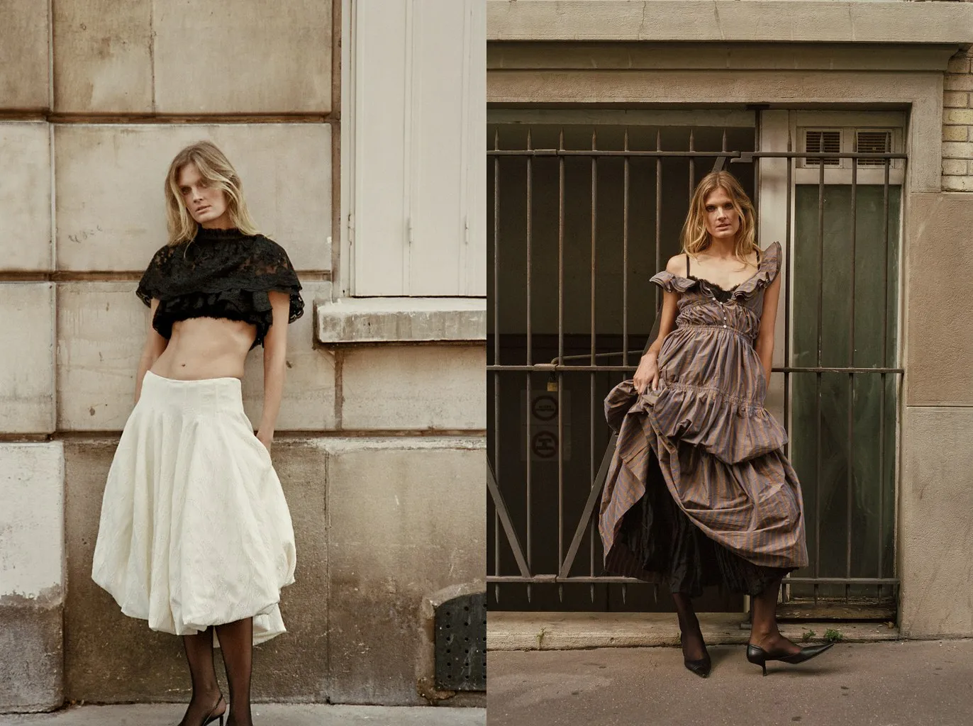 Looks 1 and 14: sheer black tights under an ecru puffball skirt and a lifted striped taffeta skirt, with pointed black shoes