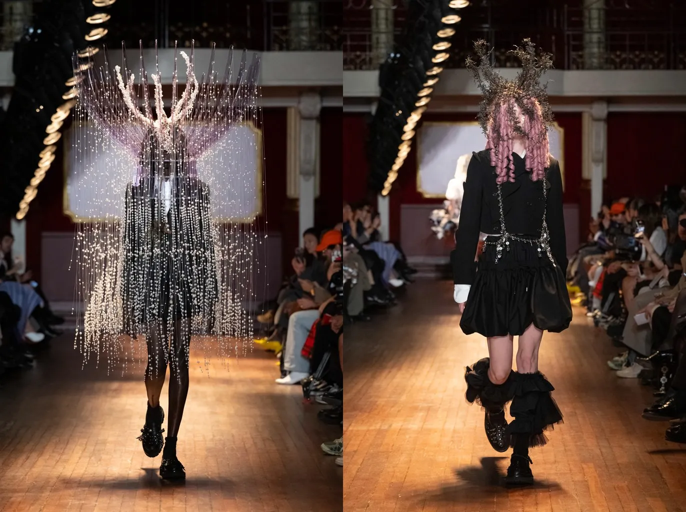 Looks 1 and 22: sheer black tights with black socks under the pearl fringes, and black socks with tulle ruffles up to the knee