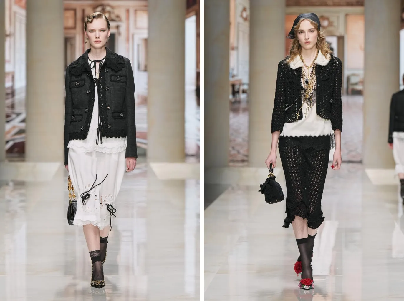 A sheer black ankle sock with a lace edge and a jewelled sandal; a sheer black knee-high with the red-rose sandal