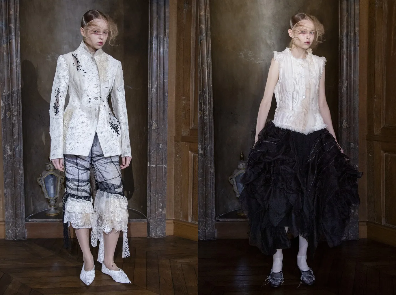 Uscite 1 e 7: collant color pelle sotto pantaloni con le balze di pizzo e pantofole bianche a punta, e gambe bianche coprenti sotto una gonna di tulle nero con ballerine nere ricamate