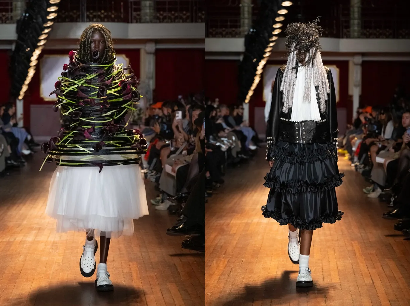 Looks 10 and 16: short white socks with white studded shoes, under a white tulle skirt and a black tiered skirt