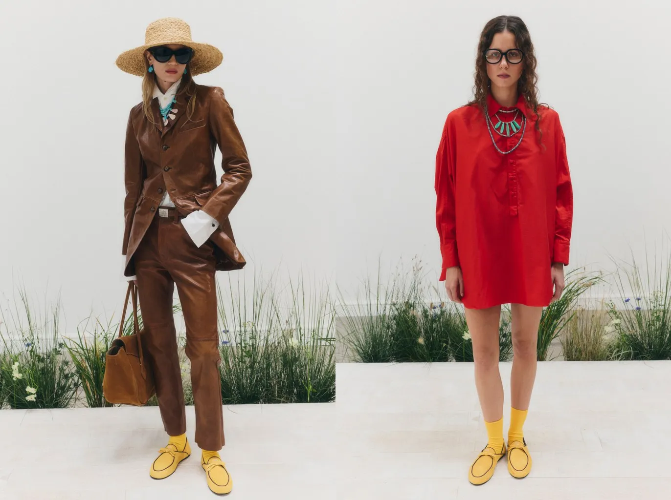 Looks 10 and 30 from Polo Ralph Lauren spring/summer 2027: yellow ribbed socks and yellow loafers, under brown leather trousers and under a red tunic