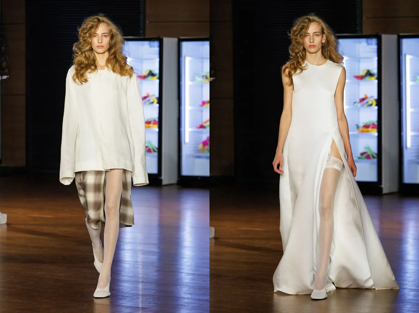 Looks 10 and 35: white tights under a check skirt, and a white lace-top stocking under a long white slit gown