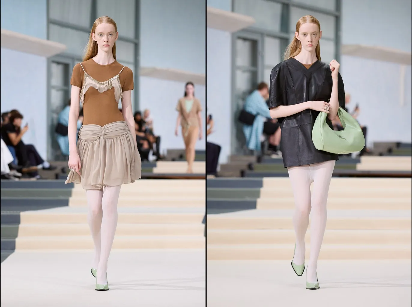 Looks 11 and 41: white tights with a beige chiffon mini and with a dark mini dress