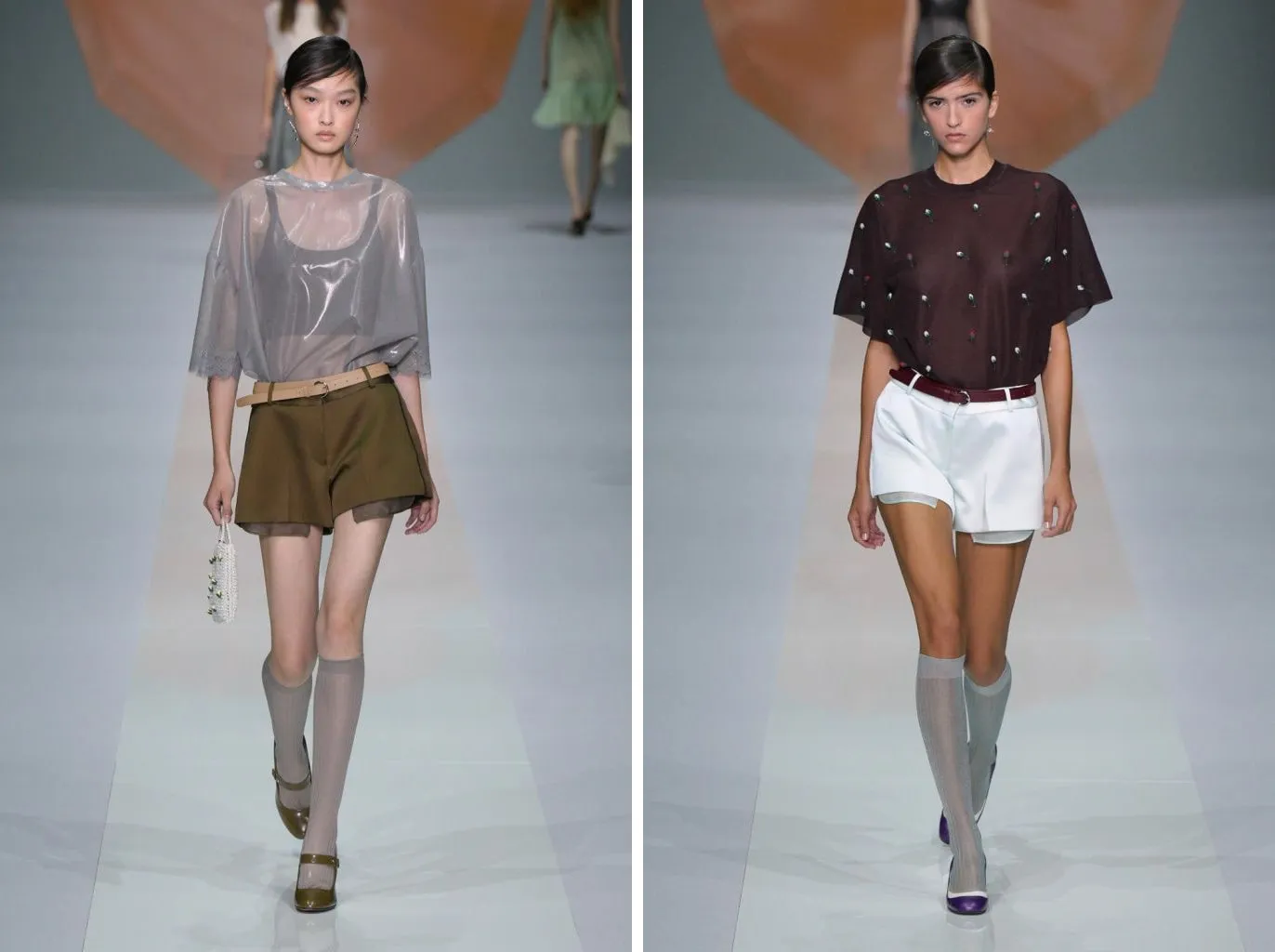 Looks 12 and 24 from the Anteprima spring/summer 2027 show: sheer ribbed grey knee-highs under olive and white shorts, with olive Mary Janes and white and purple pumps