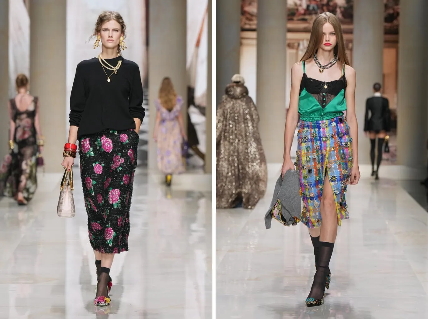 Sheer black knee-highs with the rose-sequinned pencil skirt and with the multicoloured sequin skirt and jewelled pump