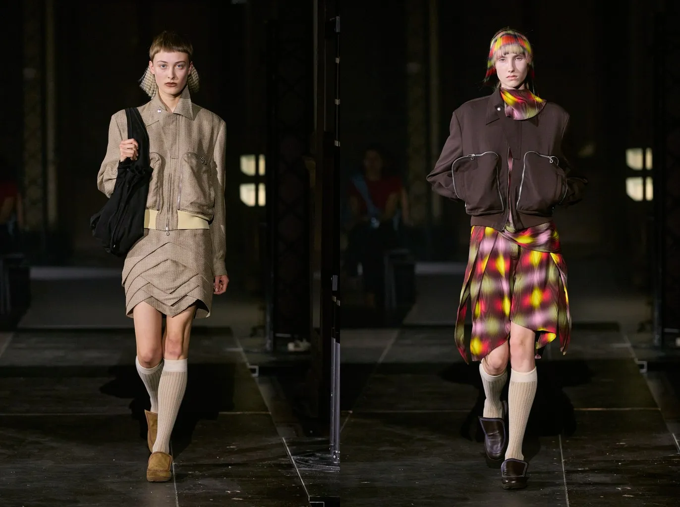 Looks 14 and 15: beige and cream ribbed knee socks with suede slip-ons and with brown loafers