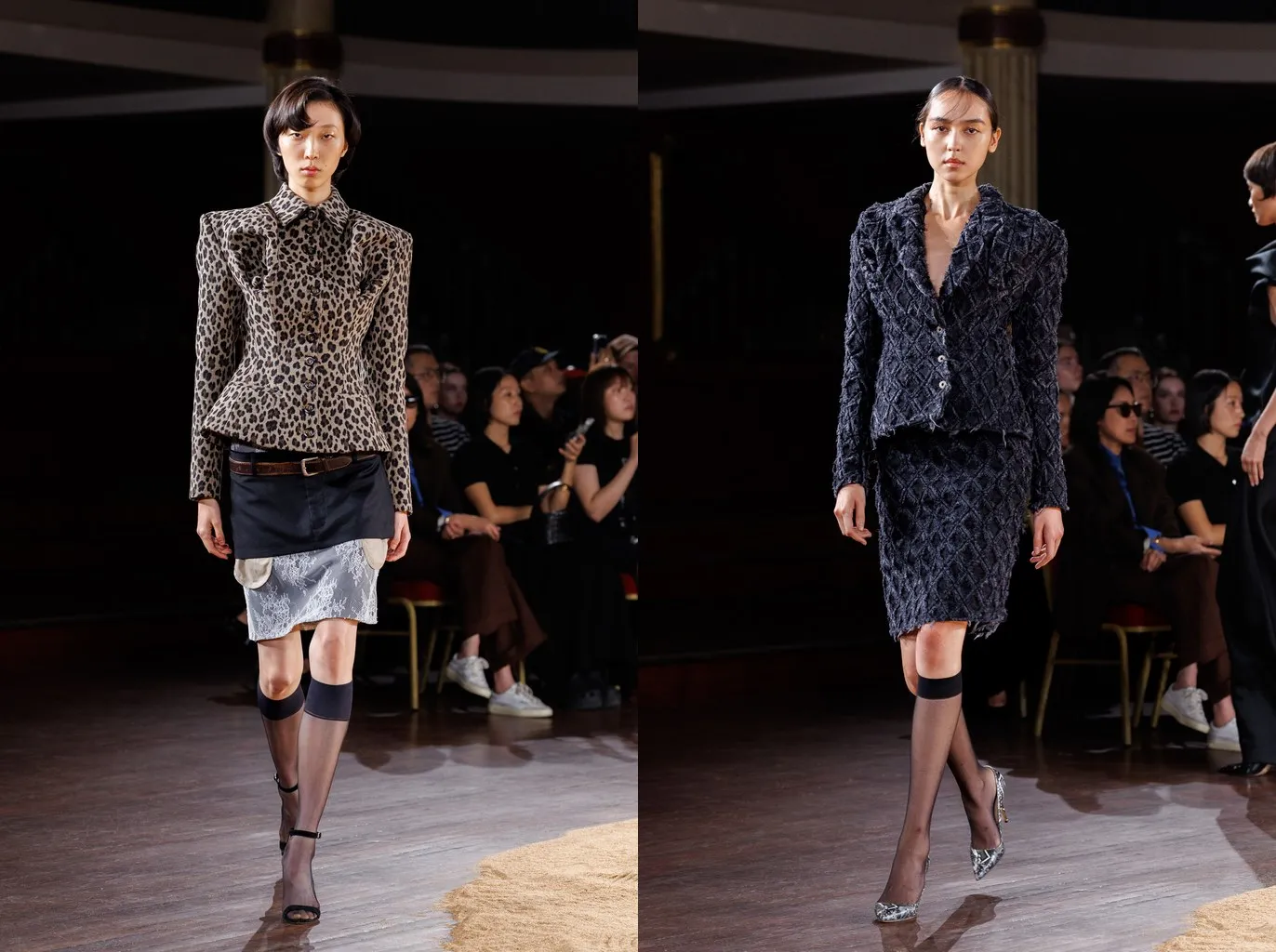 Uscite 14 e 21: gambaletti neri velati con giacca leopardata e sottogonna di pizzo, e con un tailleur di tweed sfrangiato e décolleté di pitone