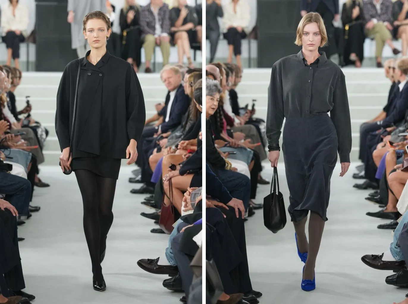 Looks 14 and 29 from the Jil Sander spring/summer 2027 show: opaque black tights under a black mini skirt, and charcoal tights with cobalt blue pumps