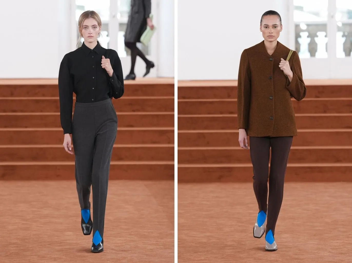 Jil Sander Fall/Winter 2026: grey legging with an electric-blue stirrup inside a black court shoe; brown legging with a blue stirrup inside a grey shoe