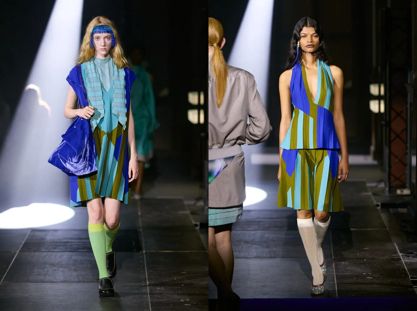 Uscite 16 e 20: calzini al ginocchio verde lime con mocassini neri, e calzini crema con un abito a righe con scollo all'americana