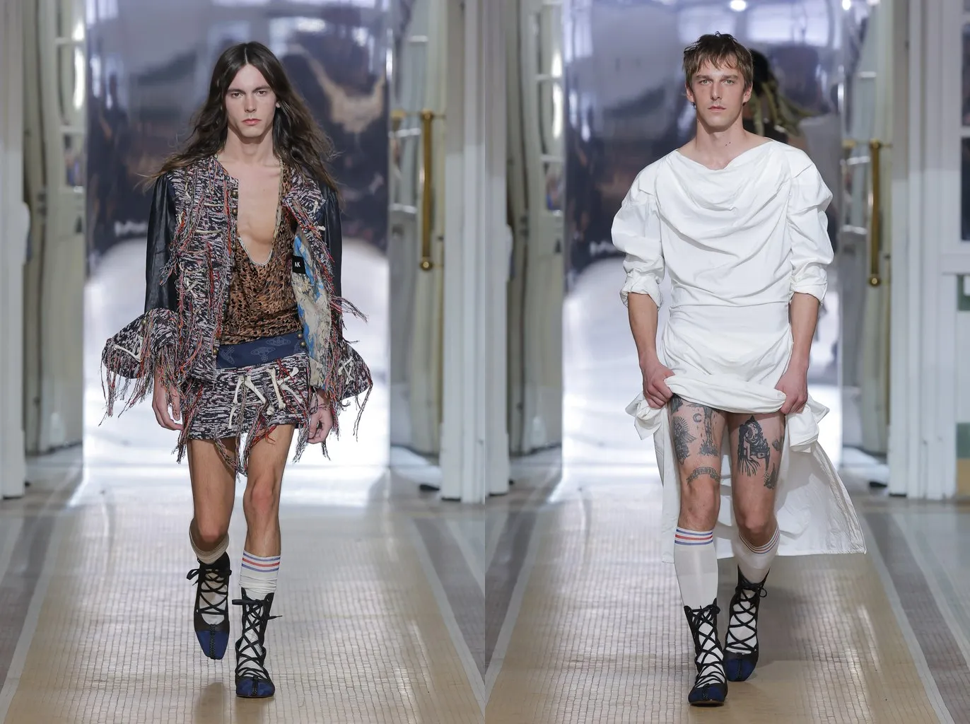 Looks 17 and 25: white sports socks with red and blue stripes and black lace-up ballet shoes
