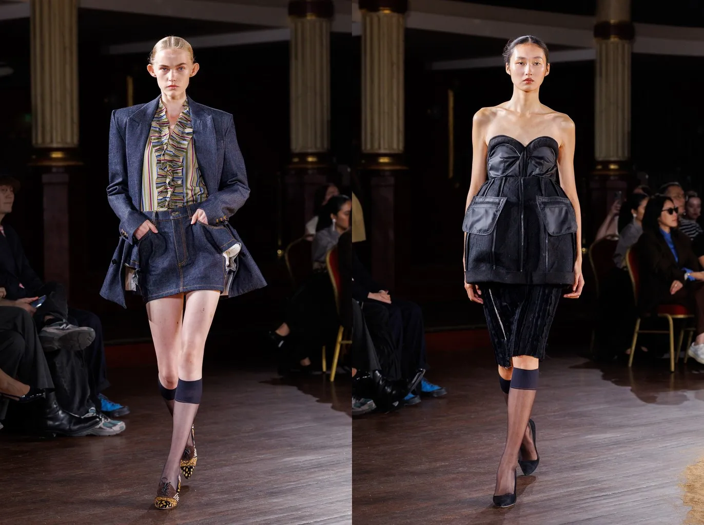 Looks 17 and 30: sheer black knee-highs with a denim mini and gold lace-up heels, and with a black skirt and pumps