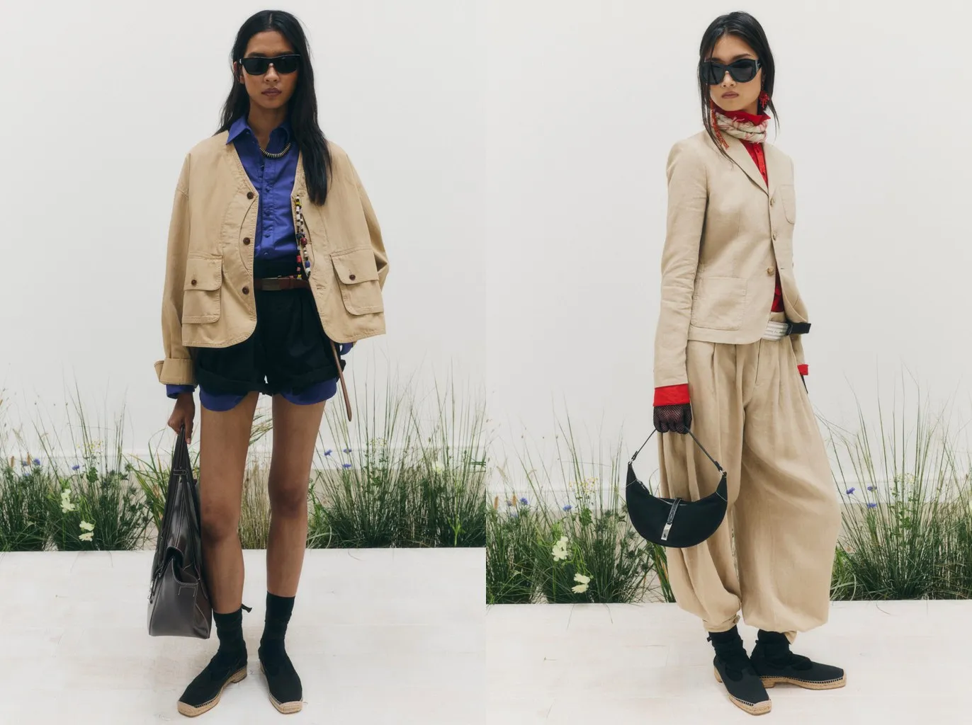 Looks 2 and 14: black socks and black espadrilles, under navy shorts and biscuit balloon-leg linen trousers